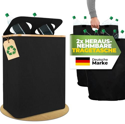 COTTARA® Pfandflaschen Sammelbehälter 2 Fächer | Pfandbehälter mit Deckel und 2x Tragetasche | Ideale Pfandflaschen Aufbewahrung Leergut Sammelbehälter Flaschensammler für Küche | Schwarz (Schwarz)