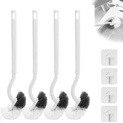 4 Stück Toilettenbürste, Klobürste mit Randreiniger, Upgrade WC Bürste Gebogenes Design Flexible Langer Stiel Kunststoff Starken Borsten Reinigungsbürste Set mit klebehaken für Tiefenreinigung