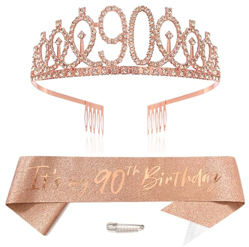 Rose Gold 90th Birthday Tiara Sash for Girls Princess Crown Crystal Queen Tiara Birthday Headbands Happy Birthday Decorations Birthday Sash Tiara Kit Girl Birthday Clothing Accessories Party Supplies