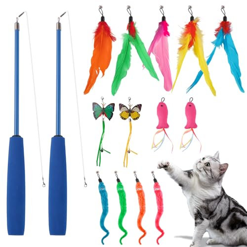 JTgugu Interaktives Katzenspielzeug Spielzeug 15 Stück Katzen Toy Interaktiv Cat Toys mit Federn Versenkbare Katzenangel Katze Feder mit Glocken Federspielzeug für Kitten Selbstbeschäftigung