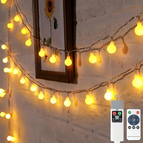 Bowfar Fairy Lights Battery Operated, 10M 100LED Globe String Lights with USB Rechargeable Battery, IP65 Waterproof Warm White Ball Lights with Remote Control for Party Wedding Bedroom Christmas