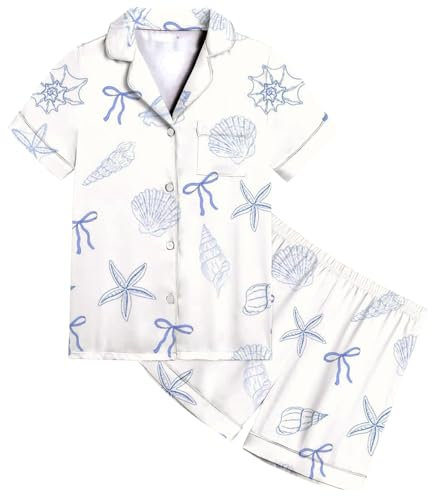Boys Girls Satin Pyjamas Set Short Sleeve Nightwear Teen Girls 2 Piece Short PJs Button-Down Silk Satin Pyjamas Cute Seashell Print Sleepwear Soft Loungewear Age 2-13 Years (Light Blue, 12-13 Years)