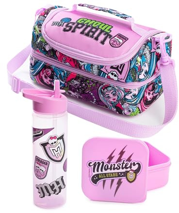Monster High Pinke Ghoul Spirit Lunchtasche für Mädchen | Farbenfrohes Set mit Snackbehälter und Flasche | Verstellbarer Riemen und Tragegriff | Cartoon-Accessoires für den Schulanfang