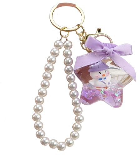 JTDZ Cartoon Pentagramm Duck Liquid Treibsand Schlüsselanhänger mit Schleife Perle Handgelenk Lanyard Schlüsselanhänger Halter für Mädchen (lila)