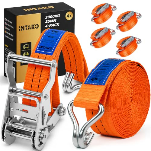 INTAKO 4 Spanngurte mit Ratsche und Haken, 8 m, 2000 kg, TÜV GS, EN 12195-2 | 4 Stück Ratschen-Set, 2-teilige Spanngurt, 2 t, Orange – für LKW, Motorrad, Anhänger