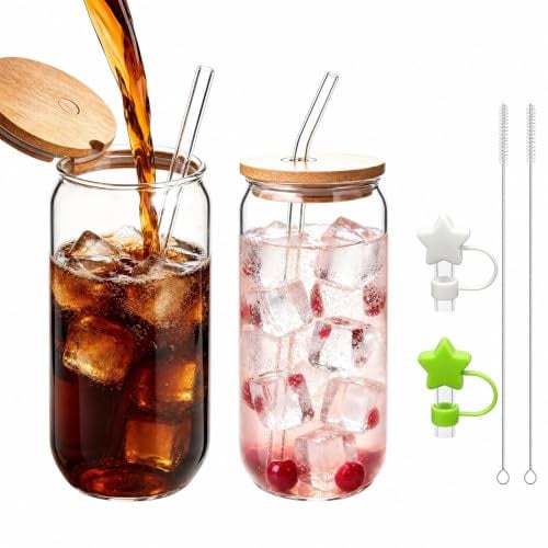 Iced Coffee Cup, Glass Cups with Wooden Lids and Glass Straws, Reusable | Can Shaped Drinking Glasses with Straw caps & Brushes | Wide Mouth Iced Latte Glasses | for Smoothies Tea Cola Juice (2 Pack)