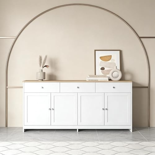 BIYFSDS Küchenschrank mit 3 Schubladen und 4 Türen, Küchenschrank mit Aufbewahrung, Küchenbuffet Küchenkommode mit verstellbaren Regalen und Holzmaserung Weiß (Weiß-1, 160x37x75 cm)