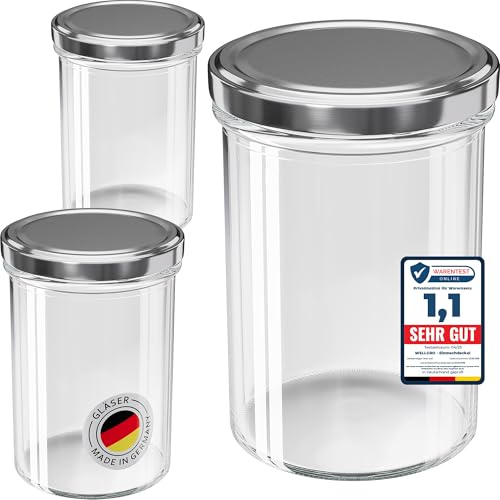 WELLGRO 100x Einmachgläser 435ml – Schraubdeckel TO82 silber – Made in Germany – Vorratsgläser, Marmeladengläser, Aufbewahrungsgläser & Gärgläser