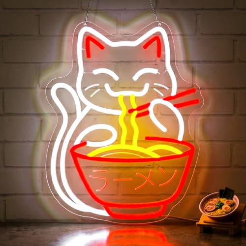 Lxmoneon Katzen Ramen Neon Schild,USB Japanische Nudeln Neonschild | Ramen LED Neonschilder für Wanddekoration,dimmbares Katzen Neonlicht für Restaurant Schaufenster Zuhause Bar Küche Geschenk