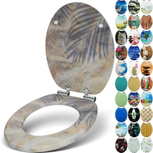 SANFINO® Premium WC Sitz mit Absenkautomatik – hochwertige Toilettendeckel aus Holz, viele bunte Motive, hoher Sitzkomfort, einfache Montage inklusive Montageanleitung – Sand