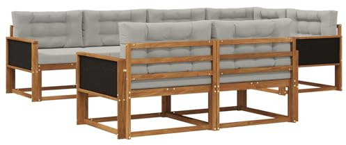 vidaXL Outdoor-Sofagarnitur mit Kissen 7 pcs Natur und Hellgrau, Terrasse, modernes Outdoor-Möbelset, wetterfeste Garten-Sofa-Garnitur, Flexible Design-Sitzgelegenheiten aus Akazienholz