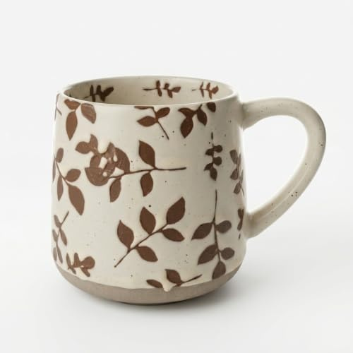 MACHUMA 500ml Ceramic Coffee Mug, Vintage Stoneware Cup | 500ml stoneware mug with raised botanical relief, speckled glaze, sturdy feel and rustic kitchen style