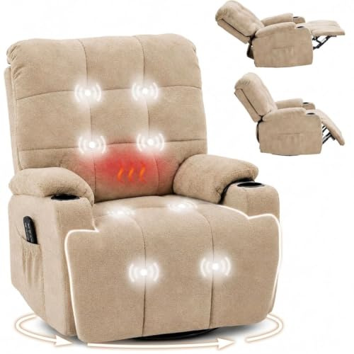 FLEXISPOT Recliner Chair Swivel Rocking Chair with Massage & Heat, Electric Recliner Armchair for Elderly, 270° Swivel Sofa with Oversized Padded Seat, USB Charging, Side Pockets XR7 CURVE (Beige)