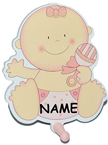 Garderobenhaken incl. Namen - Baby mit Rassel - aus Holz rosa Kinder mit 1 Haken - Kinderzimmer Garderobe Kleiderhaken Wandhaken/Badezimmerhaken - Handtuchh..