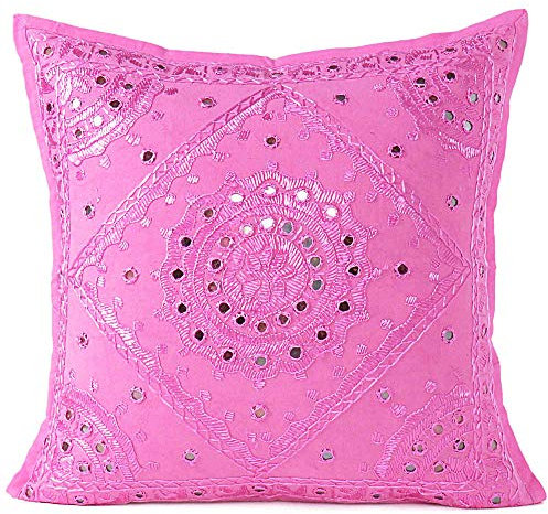 Eyes of India - Spiegel Bestickt Dekorativ Sofa Couch Kissenbezug Überwurf Schutzhülle Bohemian Akzent Boho Chic Bunt Indische Handarbeit Abdeckung - Rosa, 16 X 16 in. (40 X 40 cm)