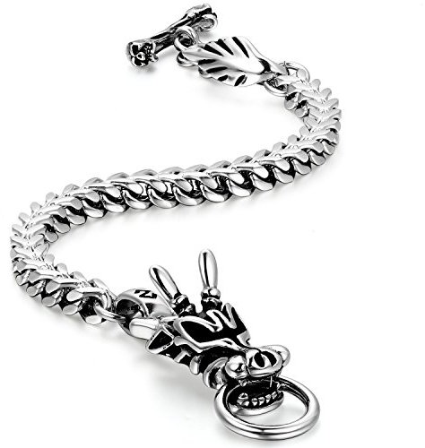 JewelryWe Schmuck Herren Armband, Edelstahl Drachen, Biker, Schwarz Silber