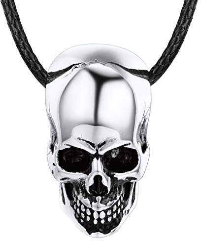 U7 Herren Kette Klassischer Totenkopf Skull Anhänger Halskette Edelstahl Biker Gotik Schädel mit Lederkette Punk Rock Halsband Schmuck für Jungen(Silber)
