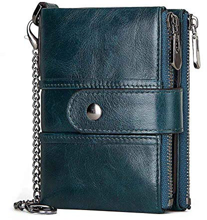 RFID-Geldbörse, echtes Leder, kleine Geldbörse für Damen, mit vielen Taschen, Reißverschlussschloss mit Kette, 16 Kartenfächer (blau), blau, Minimalismus
