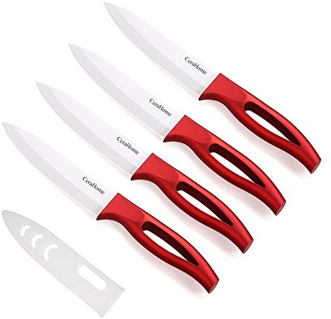 Set di 4 coltelli professionali in ceramica con guaina per formaggio, pomodori, patate, verdure, frutta, senza carne Rosso-1