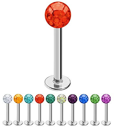 Treuheld® | 1,2mm x 6mm Piercing Labret | 4mm Kristall Kugel | Rot | Chirurgenstahl | Silber | Lippenpiercing, Helix Tragus Stecker