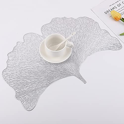 Hosoncovy 4er Pack Ginkgo Biloba Dekorative Tischsets PVC Tischsets Hohl Tisch Tischsets Hitzebeständig rutschfeste Tischsets Blatt Tischset für die Wohnküche (Silber)