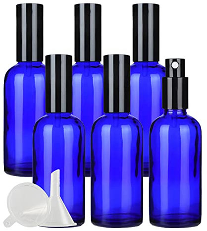ZEOABSY 6 Pcs 100ml Empty Blue Glass with Fine Mist Spray Bottles Travel Portable Small Refillable Sprayer Bottles with Black Pump Head for Cosmetic Perfume Containers, with 2x Funnel