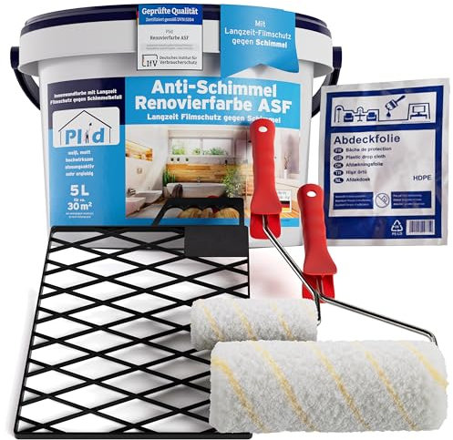 Plid® Anti Schimmel Renovierfarbe Innen Weiß 5L inkl. Streichset 6-tlg [FÜR ALLE WÄNDE] - Antischimmelfarbe für feuchte Räume, Bad & Küche - Wandfarbe weiß - Langzeitschutz gegen Schimmelbefall