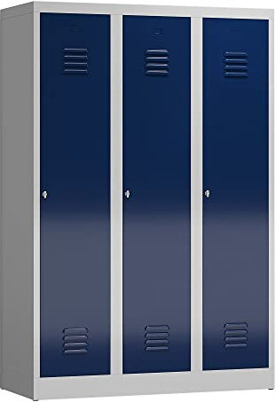 Lüllmann 3er Spind Spindschrank 3 Abteile mit S/W-Trennung 180x120x50cm (RAL 7035/5010 lichtgrau/enzianblau)