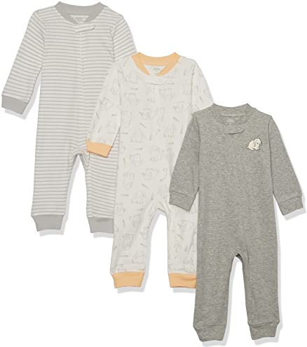 Amazon Essentials Unisex Baby Fußloser Schlafanzug mit Reißverschluss aus Baumwolle, 3er-Pack, Gebrochenes Weiß Kaninchen/Grau Meliert/Streifen, 0 Monate