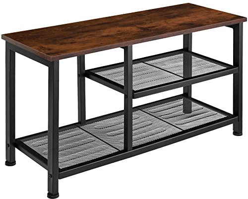 tectake® Schuhregal schmal mit Sitzfläche, Schuhbank aus Holz und Metall, Industrial Style, 3 Ebenen mit 2 Gitterablagen, 80 x 30 x 45,5cm (Industrial Dunkelbraun)