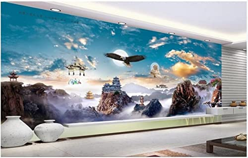 Selbstklebende Abnehmbaren Durchbrechen Die Mauer Vinyl Wandsticker Benutzerdefinierte Fototapete 3D-Tapete Chinese Wind Wonderland Palace Eagles Wings Gods 3D-Wandbild Tapete Für Wohnzimmer, 200 X