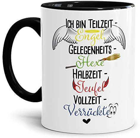 Tasse mit Spruch - Engel, Hexe, Teufel und Verrückt - Lustiges Geschenk für Familie, Freunde, Spruchtasse, Büro - Keramik Innen & Henkel Schwarz, 300 ml