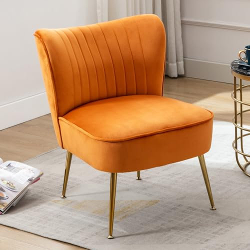 chairus Samt Polsterstuhl mit Metallbeinen Gepolsterter Einzelsofa Moderner Lesesessel für Balkon Wohnzimmer (Orange-1er)