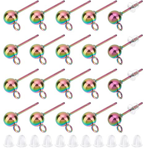 UNICRAFTALE 50 Sets Regenbogen Edelstahl Ohrstecker Stift 0.6 mm Kugel Ohrstecker Mit Kunststoff Ohrmuttern Hypoallergene Ohrringe Ohrstecker zum Basteln Für Die DIY Schmuckherstellung, Loch 1.5 mm