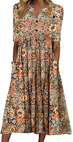Sommerkleid Damen Lang - MaxiKleid Kurzarm -Kleid Sommer V Ausschnitt Knopfleiste Blumen Strandkleid Midi Festliche Elegant Flowy Partykleid mit Taschen Abendkleid