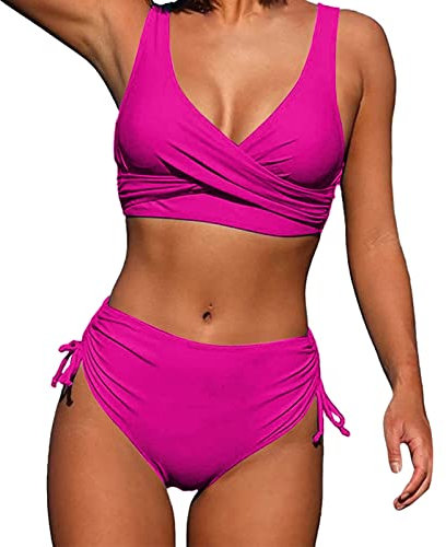Generico Costume da Bagno Donna Curvy Tankini, Top Bikini Triangolo Donna Costume da Bagno a Due Pezzi a Vita Alta da Donna Bikini Fucsia