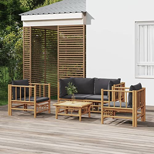 CIADAZ 5-TLG. Garten-Lounge-Set mit Dunkelgrauen Kissen, Gartenmöbel, Balkonmöbel, Gartenlounge, Terassenmöbel Außen, Loungemöbel Balkon, Gartengarnitur, Bambus
