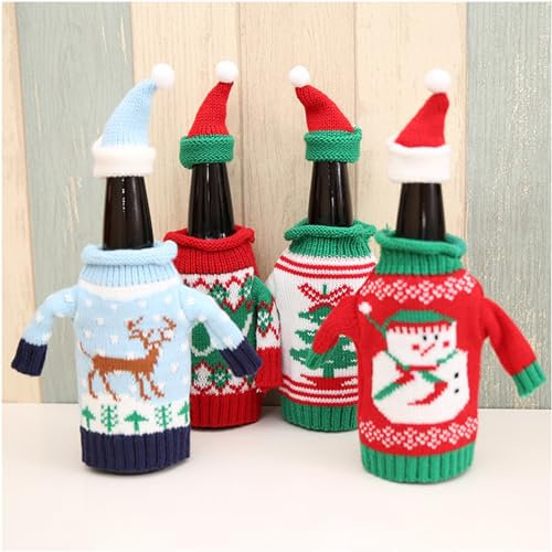 Christmas Wine Bottle Covers,4Pcs Knitted Elastic Wine Bottle Sweater with Hat,Beer Water Bottle Holders Xmas Table Decor for Christmas Holiday Party Favors Supplies