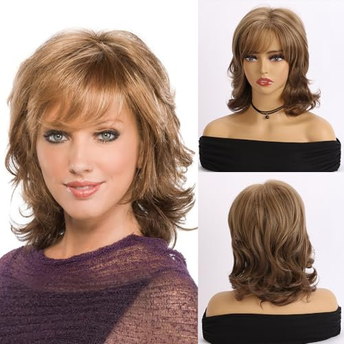 AUBWIG Braun Gemischt Hellblond Mittellange Haare Perücke Synthetisch Flauschig Natürliche Lockenperücke mit Pony für Damen Daily Wear (Braun Gemischt Hellblond #02B)