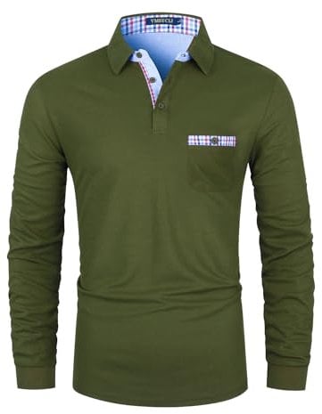 VMSUCIJ Men's Polo Long Sleeve Plaid Denim Stitched Cotton Golf T-Shirt with Real Pocket M-3XL,Army Green 37,M
