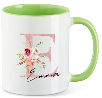 AWASG Tazza con fiori floreali lettera rosa – Personalizzata con nome, tazza da caffè ringraziamento regalo – ceramica 330 ml (verde chiaro)