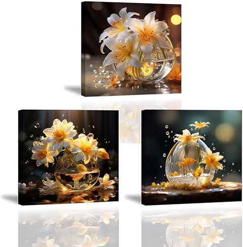 Piy Painting Lot de 3 Impression sur Toile de Lys Élégant, Décoration Murale 30x30cm Peinture de Fleurs dans un vase, Tableaux Photo sur Toile avec Cadre Intérieur pour Décoration de la Maison Hôtel