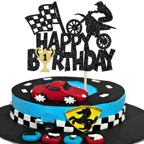 Xsstarmi 1 Pack Motorcycle Happy Birthday Cake Topper Glitter Trophy Racing Dirt Bike Cake Pick for Motocross Sports Theme Birthday Party Cake Decorations Supplies Black