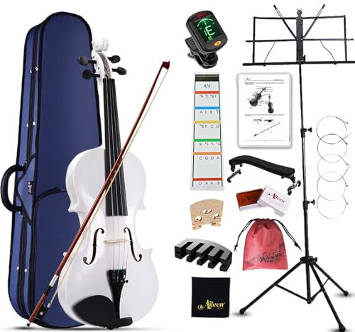 Aileen Geige 4/4 für Erwachsene Anfänger, Violine Set für Kinder ab 12 Jahre, Teenager Weiße Geige Einsteiger Kit Vollständig mit 13 Zubehör, Notenständer, Exklusive Neue Griffbrett Aufkleber