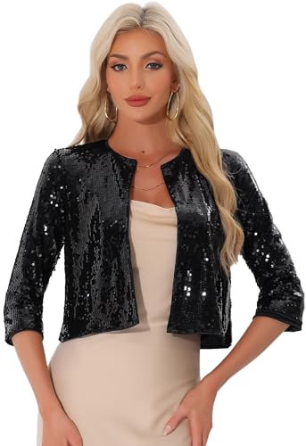 Allegra K Damen Weihnachten Pailletten Bolero Cardigan Glitzernd 3/4-Ärmel Open Front Party Club Jacken Schwarz M