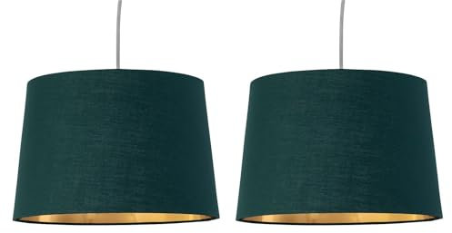 Set of 2 Dark Green Fabric with Gold Inner Easy Fit Light Shades/Lampshades for Ceiling Light or Table Lamps, 28cm Diameter