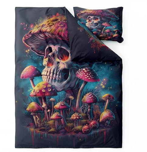 QEODAH Sommerbettwäsche 200x220 Totenkopf - Pilze Bettbezug 200x220 3 Teilig - Wendebettwäsche & 2 Kissenbezug 80x80 cm - Weiche Mikrofaser Bettwäsche-Sets mit Reißverschluss - Schlafzimmer Bett Deko