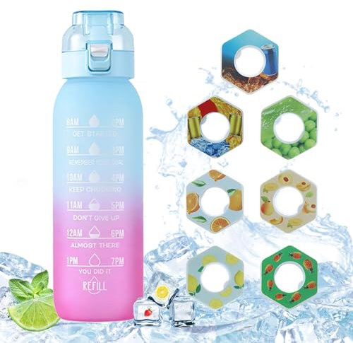 Drinking Bottle with Flavour, 1000 ml, 7 Flavour Pods, 0% Sugar Water Bottles, Water with Flavour, Bottle with Flavour, Sports Drinking Bottle, for Fitness and Outdoor (E)