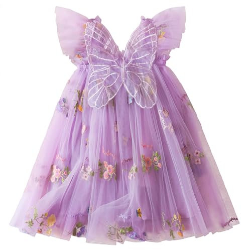 NNJXD Baby Girl Flower Embroidery Tulle Dress Butterfly Toddler Birthday Party Dresses 2109 Purple Size(110) 3-4 Years