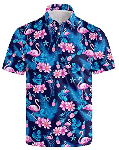 NCKGHOE Chemises de golf pour homme – Polo de golf imprimé pour homme, anti-humidité, respirant et décontracté à manches courtes, flamant rose, XXL